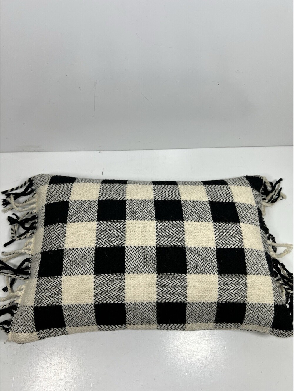 Ralph Lauren Cold Spring Alpaca Black Cream Fringed Decorative Pillow 12x18 Wool